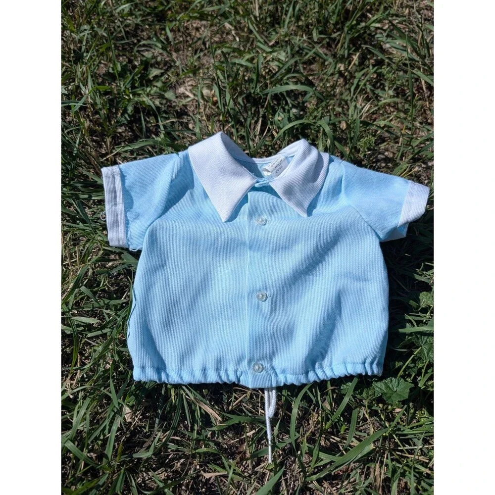 Vintage 1980s Baby Blue Collar Shirt  MY TOYS embroidered Teddy Bear Cars 12 M